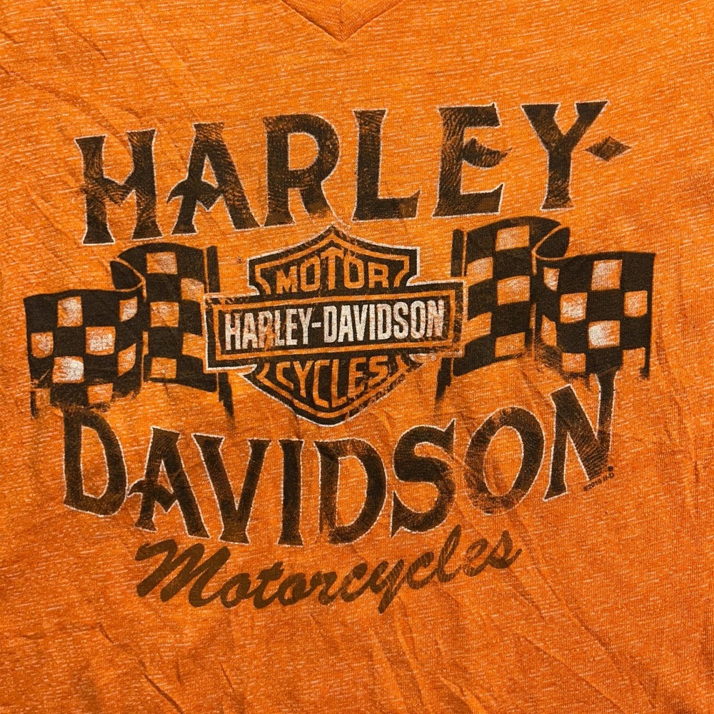 Harley Davidson Indianapolis V-Neck Graphic T-Shirt Orange Womens Small y2k - Picture 2 of 9